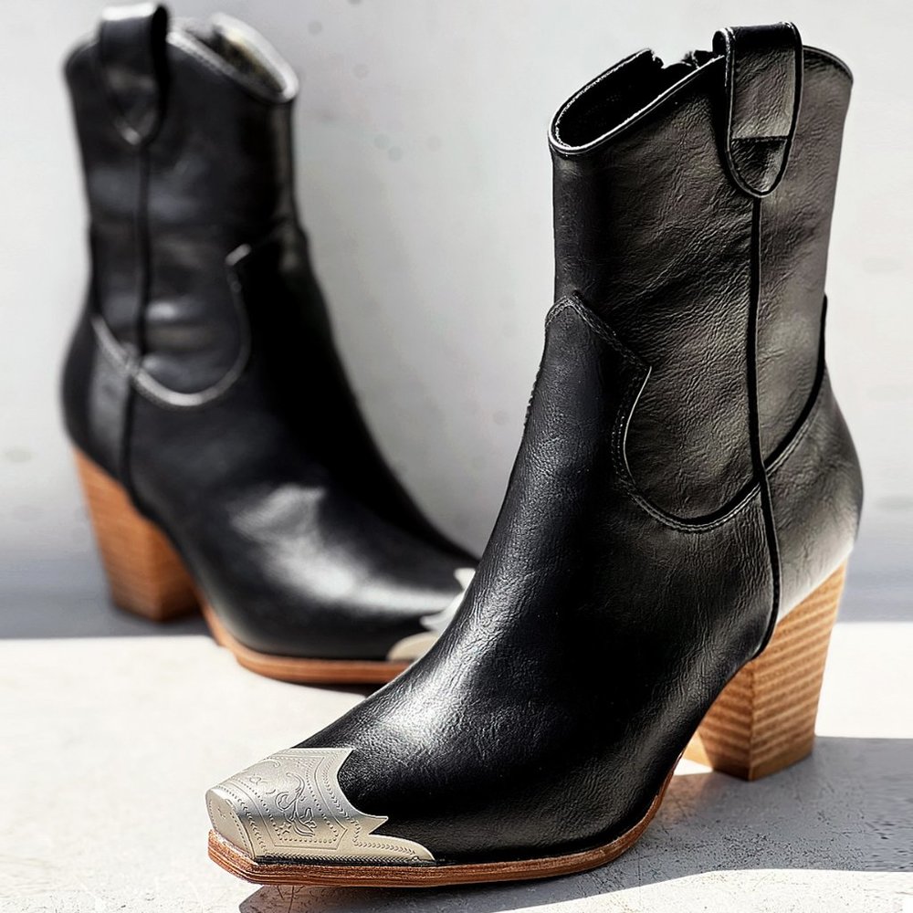 NEW Black PU Leather Metal Cap Toe Block Heel Cowgirl Cowboy Western Ankle Boots
